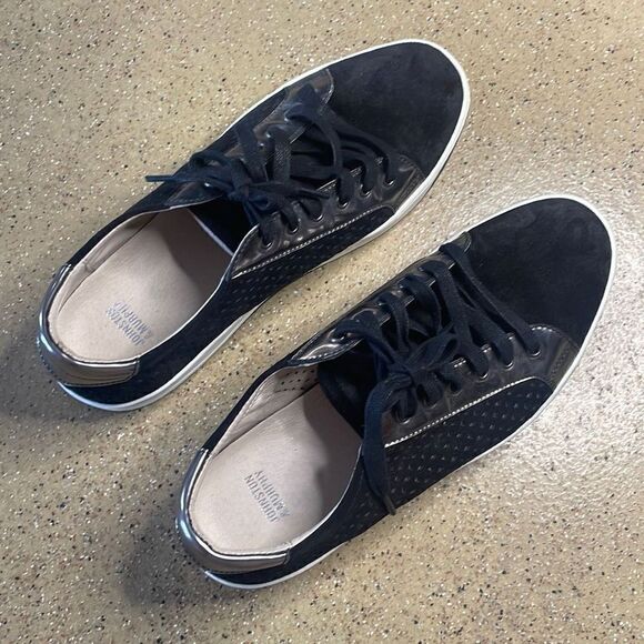 Johnston & Murphy Emerson Perforated Lace Up Black Suede & Metallic Trim Sneaker - Picture 4 of 12